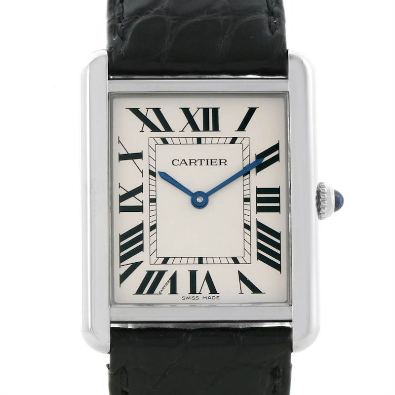 The image shows a Cartier Tank Solo watch with its rectangular face, Roman numeral dial, and black leather strap, viewed from the front.