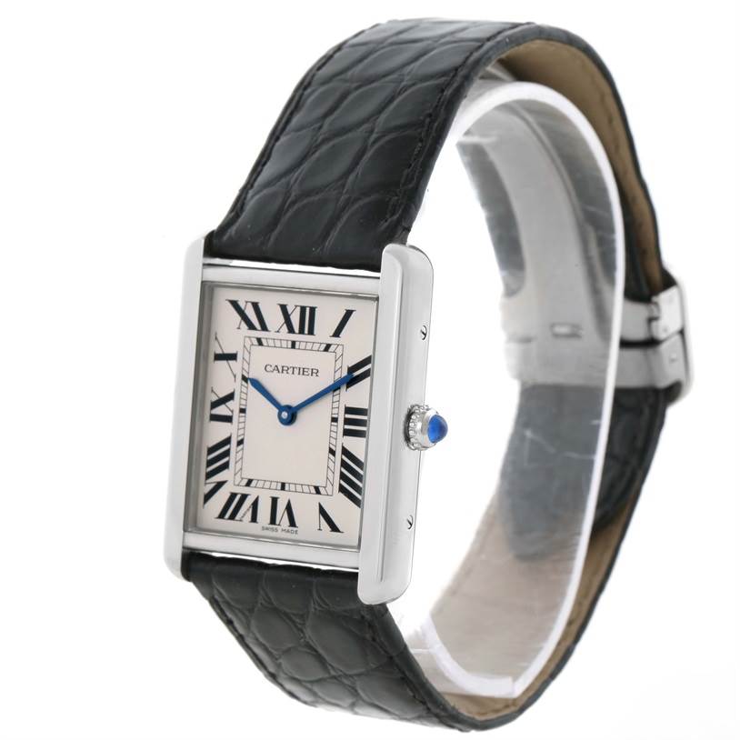 The Cartier Tank Solo W1018355 Men's Stainless Steel Silver Dial W1018355 Men's Stainless Steel Silver Dial watch is shown at a slight angle, highlighting the face, crown, and black leather strap.