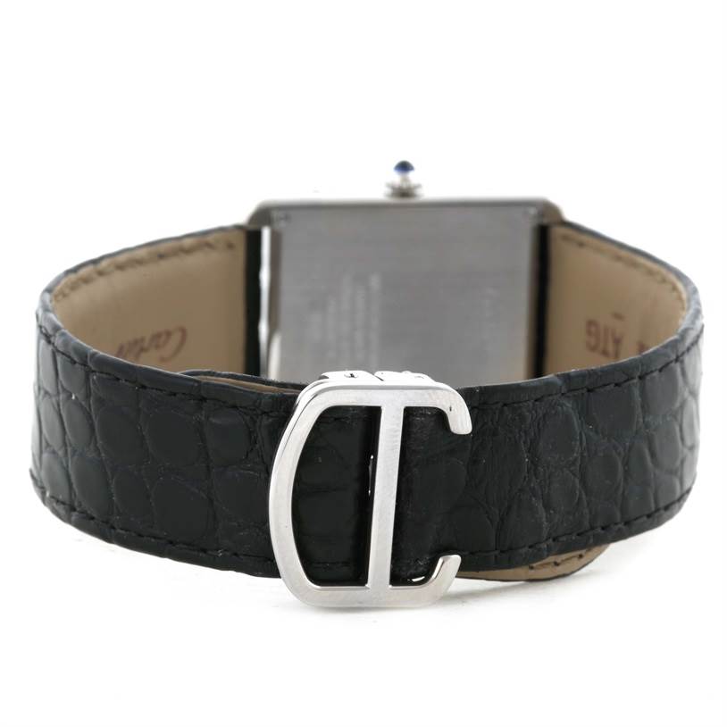 Rear view of the Cartier Tank Solo W1018355 Men's Stainless Steel Silver Dial W1018355 Men's Stainless Steel Silver Dial watch, showing the black leather strap and silver buckle.