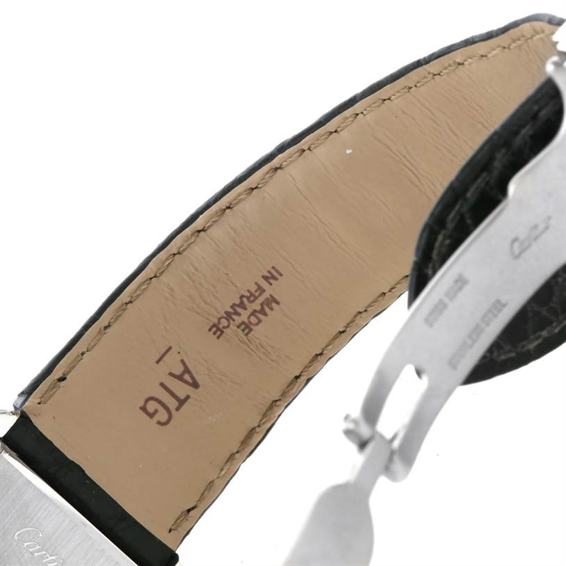 This image shows the inner side of the leather strap and the clasp of a Cartier Tank Solo W1018355 Men's Stainless Steel Silver Dial W1018355 Men's Stainless Steel Silver Dial watch.
