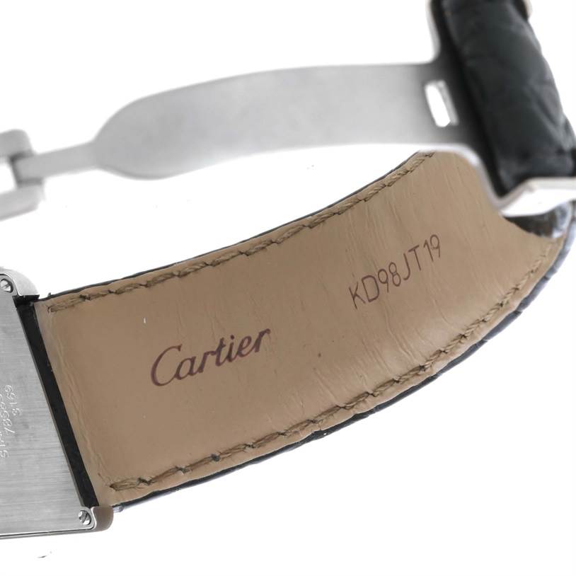 This image shows the underside of the leather strap and clasp of a Cartier Tank Solo W1018355 Men's Stainless Steel Silver Dial W1018355 Men's Stainless Steel Silver Dial watch.