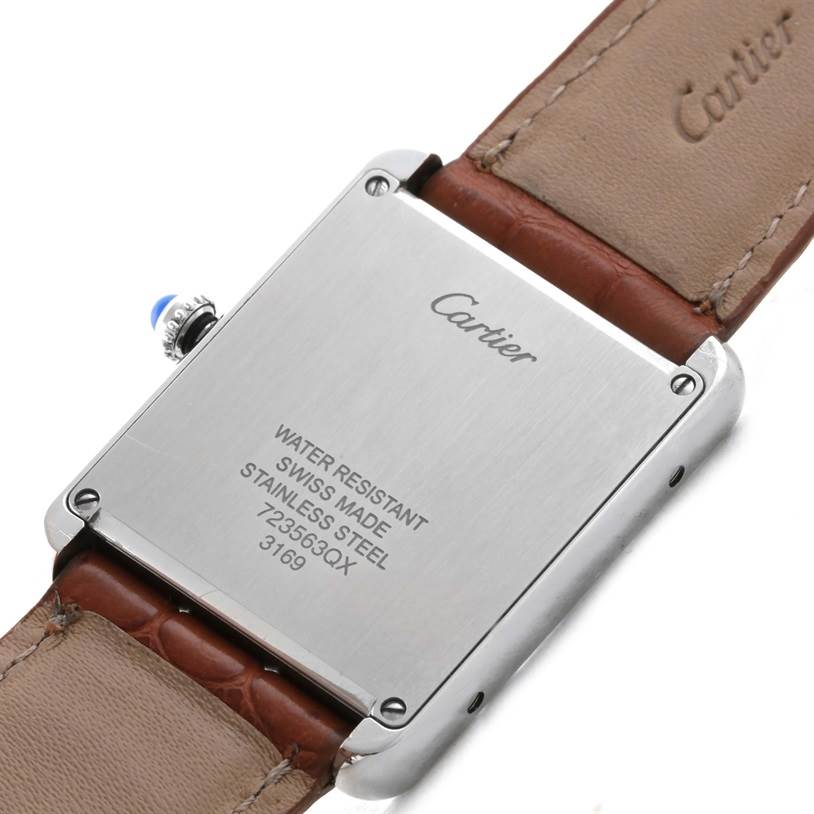 The image shows the back case and leather strap of a Cartier Tank Solo W1018355 Men
s Stainless Steel Silver Dial W1018355 Men
s Stainless Steel Silver Dial watch, highlighting its stainless steel and water resistance.