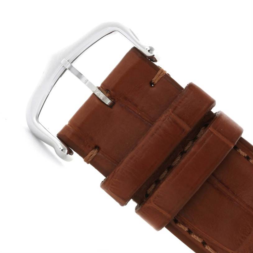 This image shows the buckle and part of the leather strap of a Cartier Tank Solo W1018355 Men
s Stainless Steel Silver Dial W1018355 Men
s Stainless Steel Silver Dial watch.