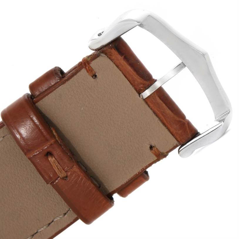 This image shows the leather strap and metal buckle of a Cartier Tank Solo W1018355 Men
s Stainless Steel Silver Dial W1018355 Men
s Stainless Steel Silver Dial watch from a close-up angle.
