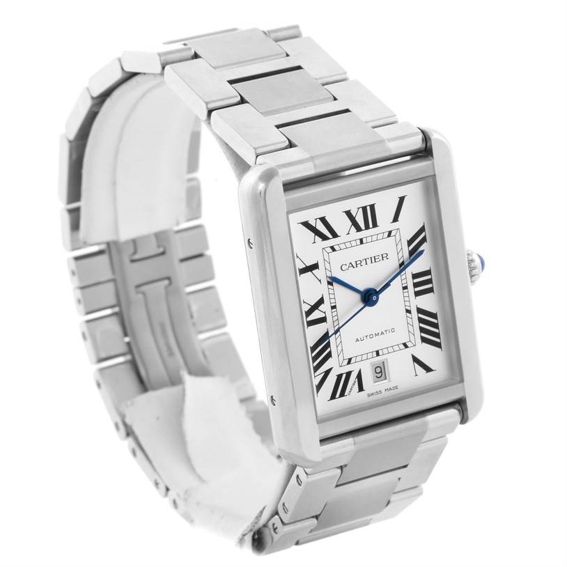 This image shows a Cartier Tank Solo W5200028 Men
s Stainless Steel Silver Dial W5200028 Men
s Stainless Steel Silver Dial watch from an angled front view, highlighting its rectangular face and stainless steel bracelet.