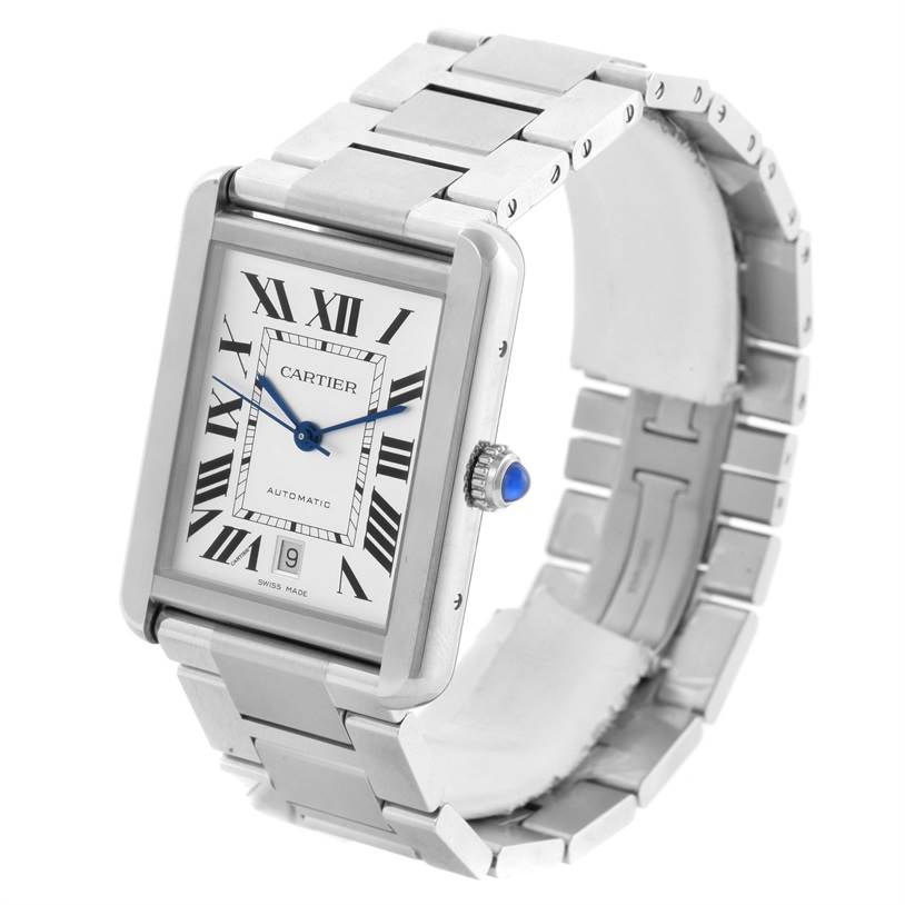 The Cartier Tank Solo W5200028 Men
s Stainless Steel Silver Dial W5200028 Men
s Stainless Steel Silver Dial watch is shown at a three-quarter angle, displaying the face, crown, and part of the metal bracelet.