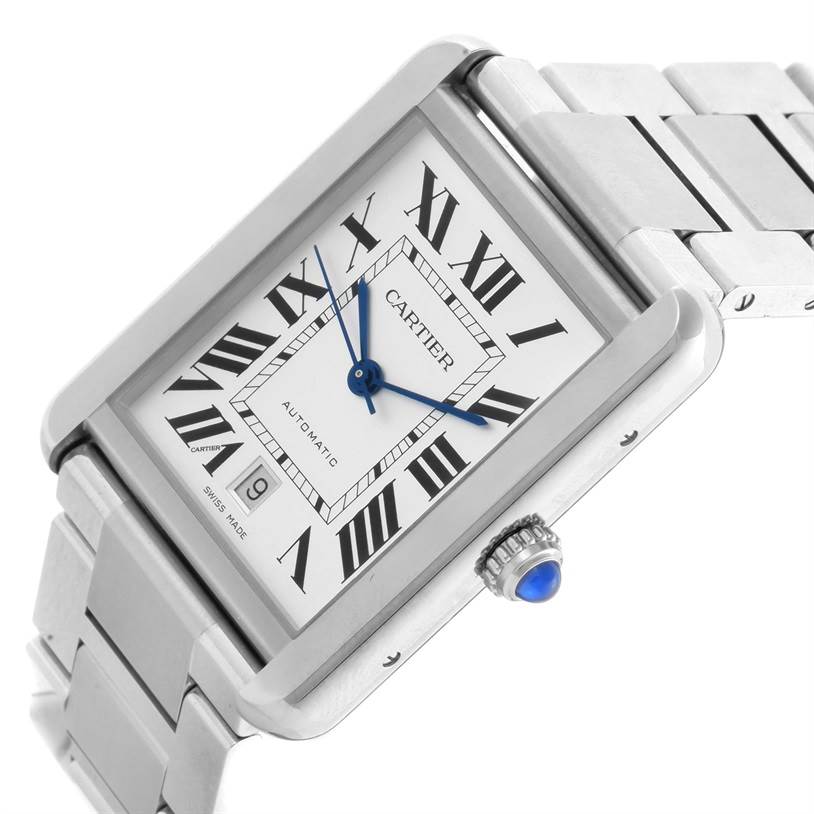 The image shows a Cartier Tank Solo W5200028 Men
s Stainless Steel Silver Dial W5200028 Men
s Stainless Steel Silver Dial watch at a slight angle, highlighting its face, rectangular case, bracelet, and crown.