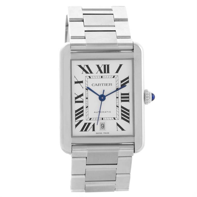 This image shows the front view of the Cartier Tank Solo W5200028 Men
s Stainless Steel Silver Dial W5200028 Men
s Stainless Steel Silver Dial watch, highlighting its rectangular face and stainless steel bracelet.