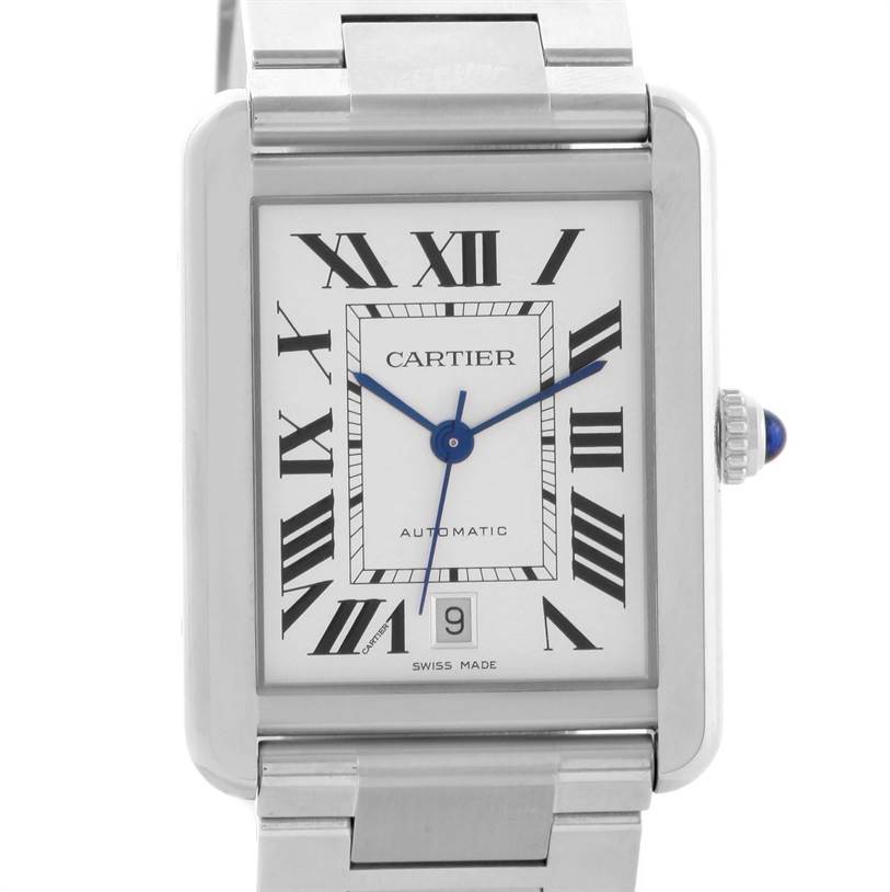 This image shows a frontal view of a Cartier Tank Solo W5200028 Men
s Stainless Steel Silver Dial W5200028 Men
s Stainless Steel Silver Dial watch face and part of its metal bracelet.