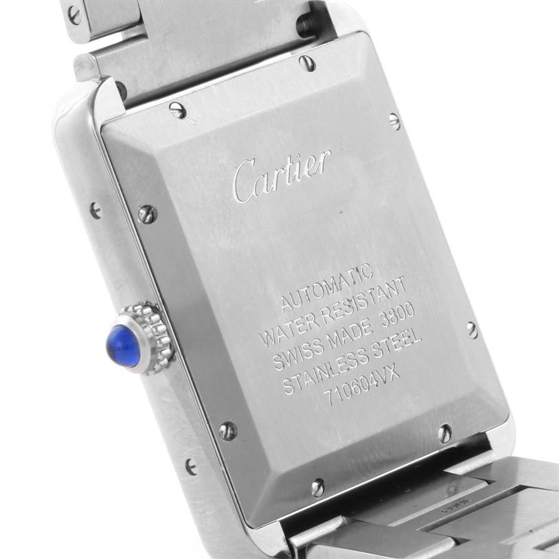 The image depicts the back side of the Cartier Tank Solo W5200028 Men
s Stainless Steel Silver Dial W5200028 Men
s Stainless Steel Silver Dial watch, showcasing its inscriptions and a blue crown.