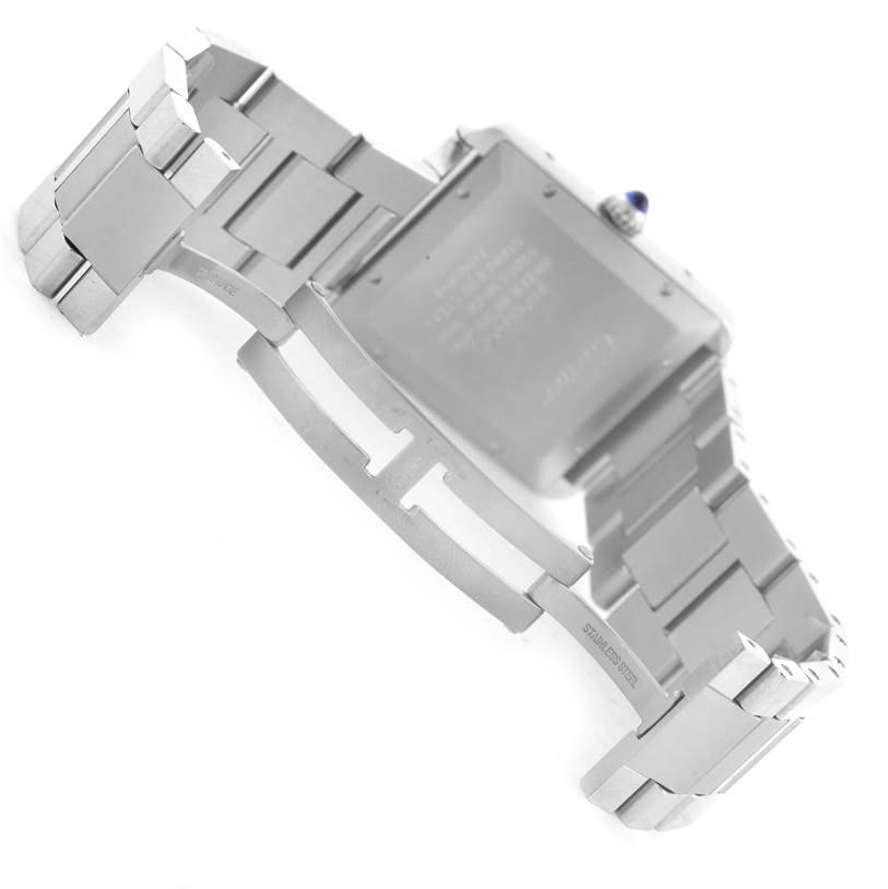 This image shows the back and bracelet of the Cartier Tank Solo W5200028 Men
s Stainless Steel Silver Dial W5200028 Men
s Stainless Steel Silver Dial watch at an angle.