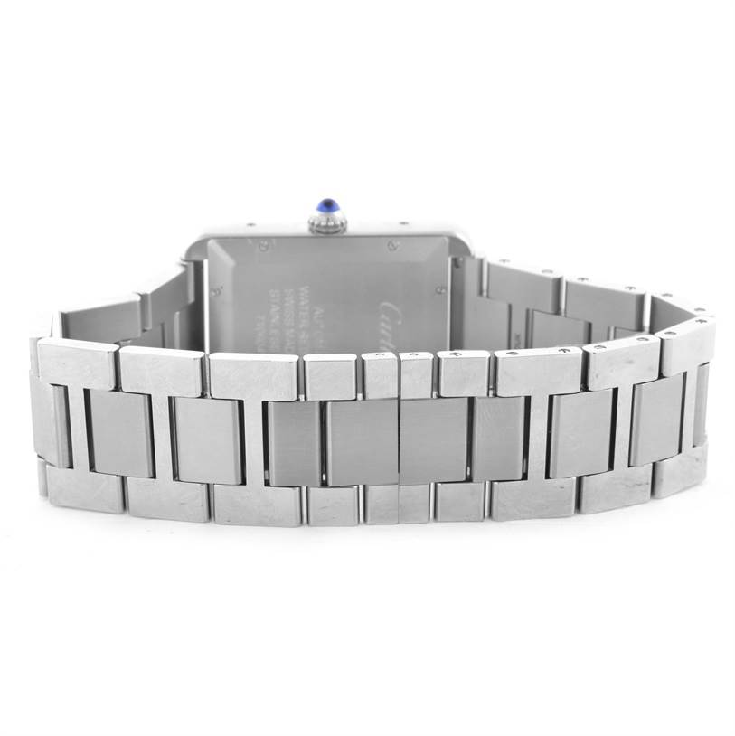 This image shows the back view of the Cartier Tank Solo W5200028 Men
s Stainless Steel Silver Dial W5200028 Men
s Stainless Steel Silver Dial watch, featuring its stainless steel bracelet and case back.