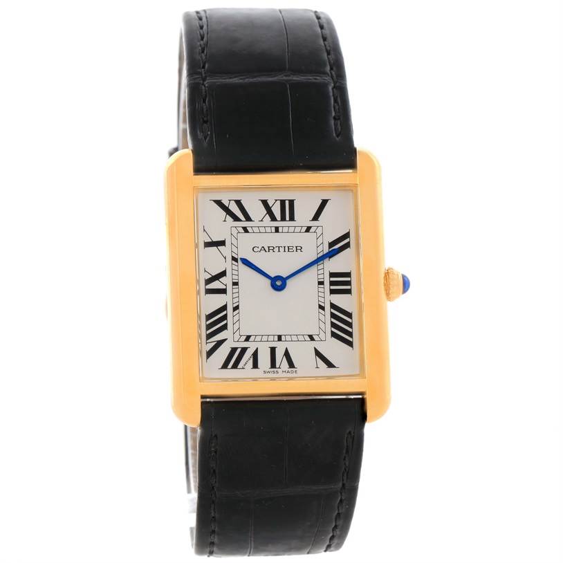 The image shows a Cartier Tank Solo W1018855 Men
s Steel and Gold (two tone) Silver Dial W1018855 Men
s Steel and Gold (two tone) Silver Dial watch, featuring a rectangular face, Roman numerals, and a black leather strap, viewed from the front.