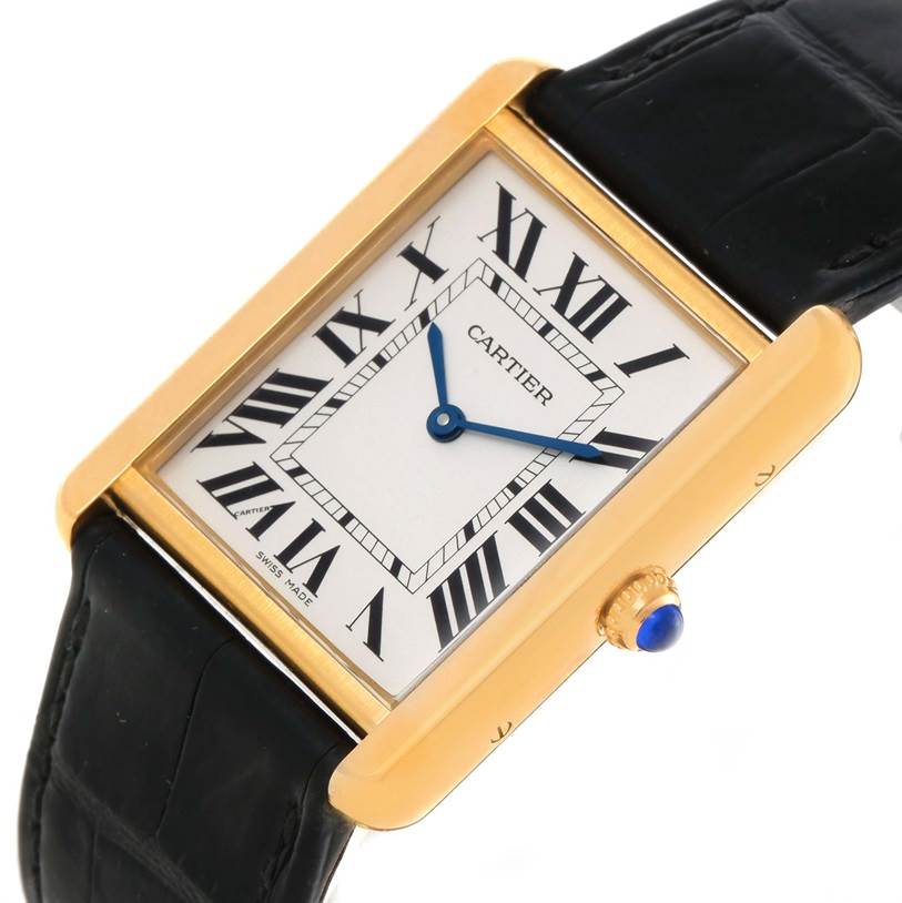 This image shows a side view of the Cartier Tank Solo W1018855 Men
s Steel and Gold (two tone) Silver Dial W1018855 Men
s Steel and Gold (two tone) Silver Dial watch, highlighting the case, dial, crown, and strap.