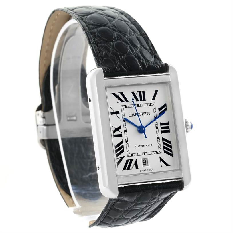 This image shows a Cartier Tank Solo W5200027 Men
s Stainless Steel Silver Dial W5200027 Men
s Stainless Steel Silver Dial watch, displaying its face and black leather strap from a slightly angled perspective.