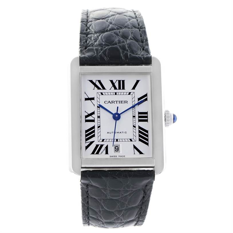 The image shows a front view of a Cartier Tank Solo W5200027 Men
s Stainless Steel Silver Dial W5200027 Men
s Stainless Steel Silver Dial watch, displaying its face, Roman numerals, hands, and leather strap.