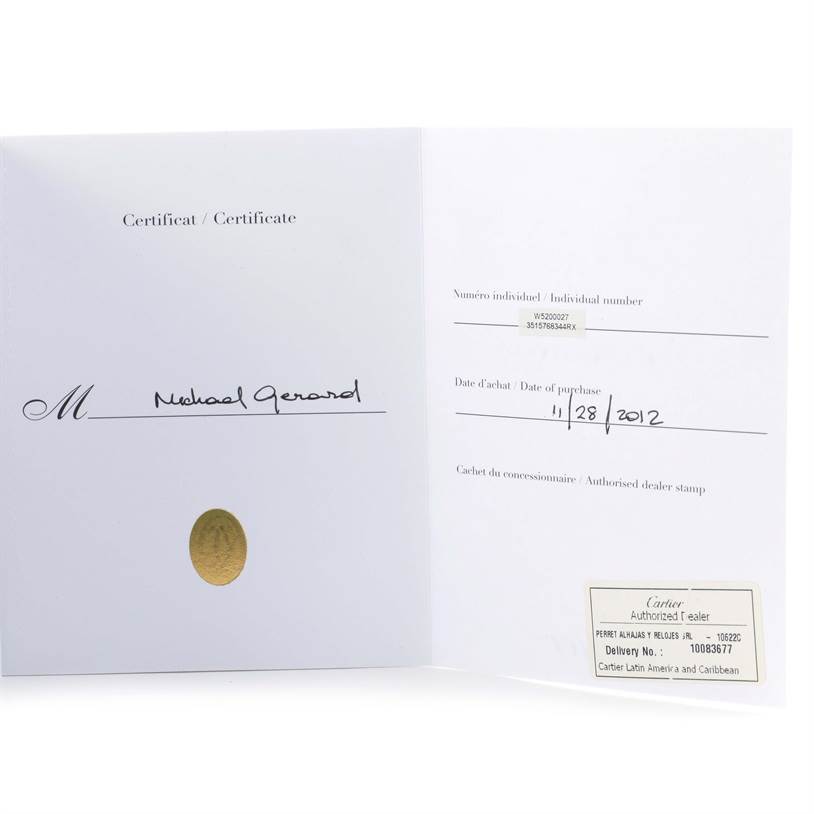 The image shows the certificate of Best Quality
ity and warranty card for the Cartier Tank Solo W5200027 Men
s Stainless Steel Silver Dial W5200027 Men
s Stainless Steel Silver Dial watch.