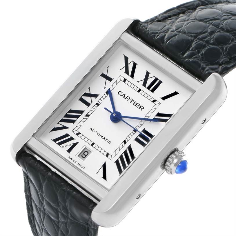 This image shows a close-up of the Cartier Tank Solo W5200027 Men
s Stainless Steel Silver Dial W5200027 Men
s Stainless Steel Silver Dial watch face, crown, lugs, and leather strap at an angled view.