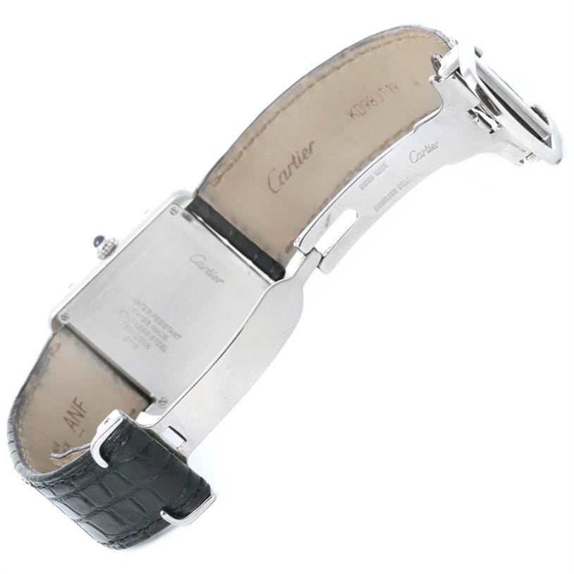 The image shows the back, clasp, and partially open leather strap of the Cartier Tank Solo W1018355 Stainless Steel Silver Dial W1018355 Stainless Steel Silver Dial watch.
