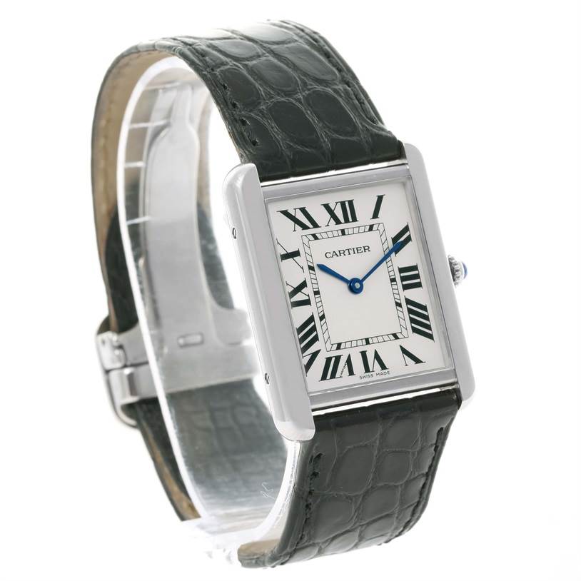 The image shows a Cartier Tank Solo W1018355 Stainless Steel Silver Dial W1018355 Stainless Steel Silver Dial watch, featuring a rectangular face, Roman numerals, and a black leather strap, viewed at an angle.