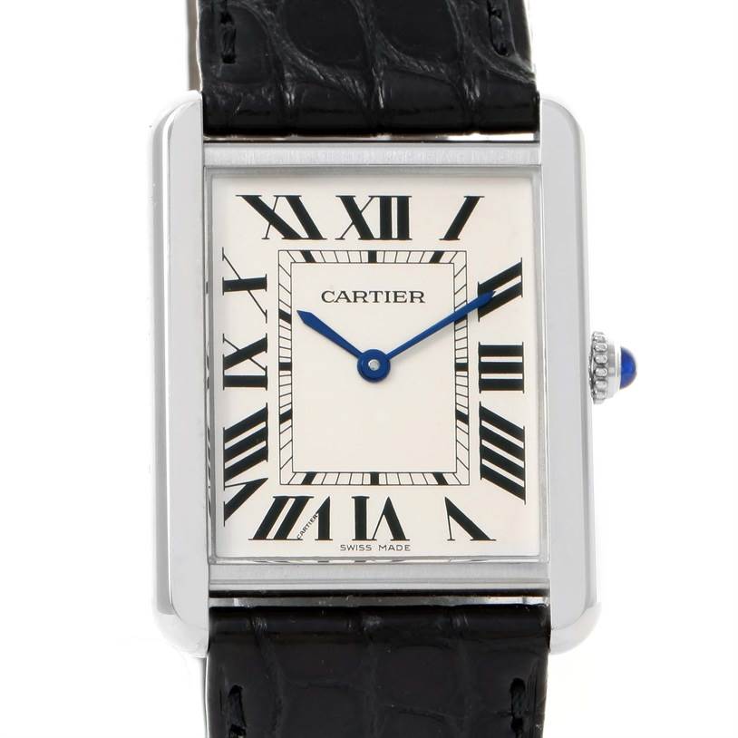 This image shows a close-up of the face and upper strap of a Cartier Tank Solo W1018355 Stainless Steel Silver Dial W1018355 Stainless Steel Silver Dial watch in a front-facing angle.