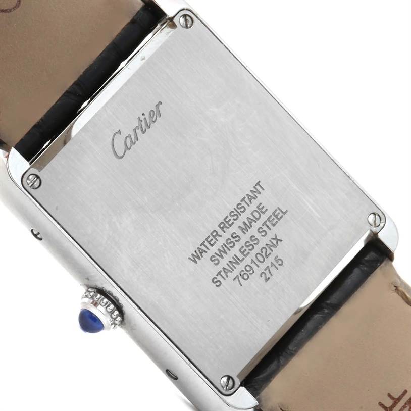 This image shows the back case and part of the strap of a Cartier Tank Solo W1018355 Stainless Steel Silver Dial W1018355 Stainless Steel Silver Dial watch.