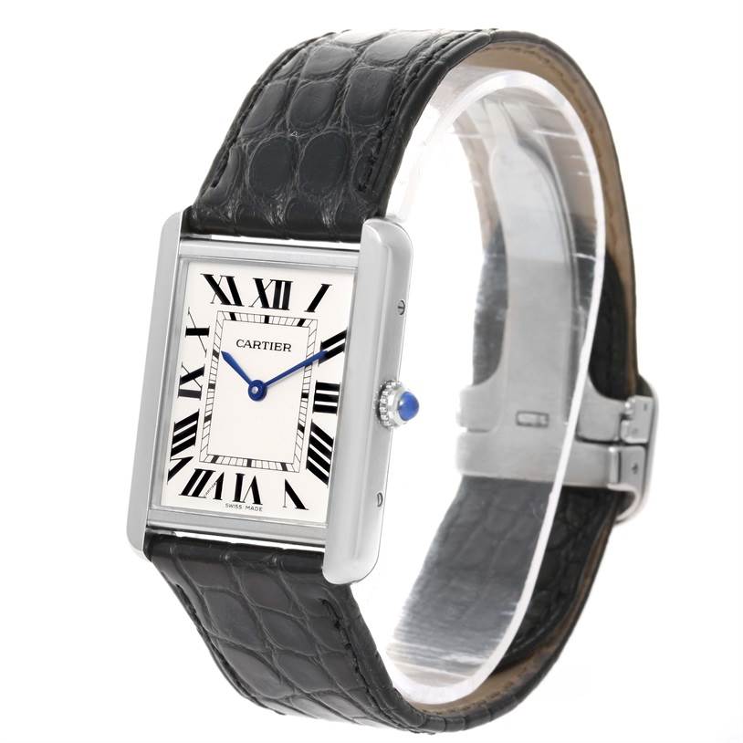 The image shows an angled view of the Cartier Tank Solo W1018355 Stainless Steel Silver Dial W1018355 Stainless Steel Silver Dial watch, focusing on the dial, strap, and side crown.