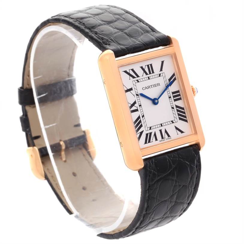 The image shows a Cartier Tank Solo W5200025 Steel and Gold (two tone) Silver Dial W5200025 Steel and Gold (two tone) Silver Dial watch at a three-quarter angle, highlighting the face, strap, and clasp.