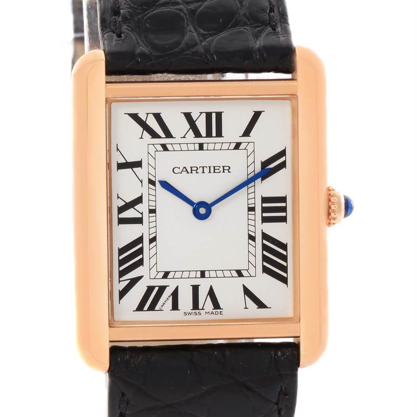 The image shows a front view of the Cartier Tank Solo W5200025 Steel and Gold (two tone) Silver Dial W5200025 Steel and Gold (two tone) Silver Dial watch, highlighting its face, Roman numerals, and black leather strap.