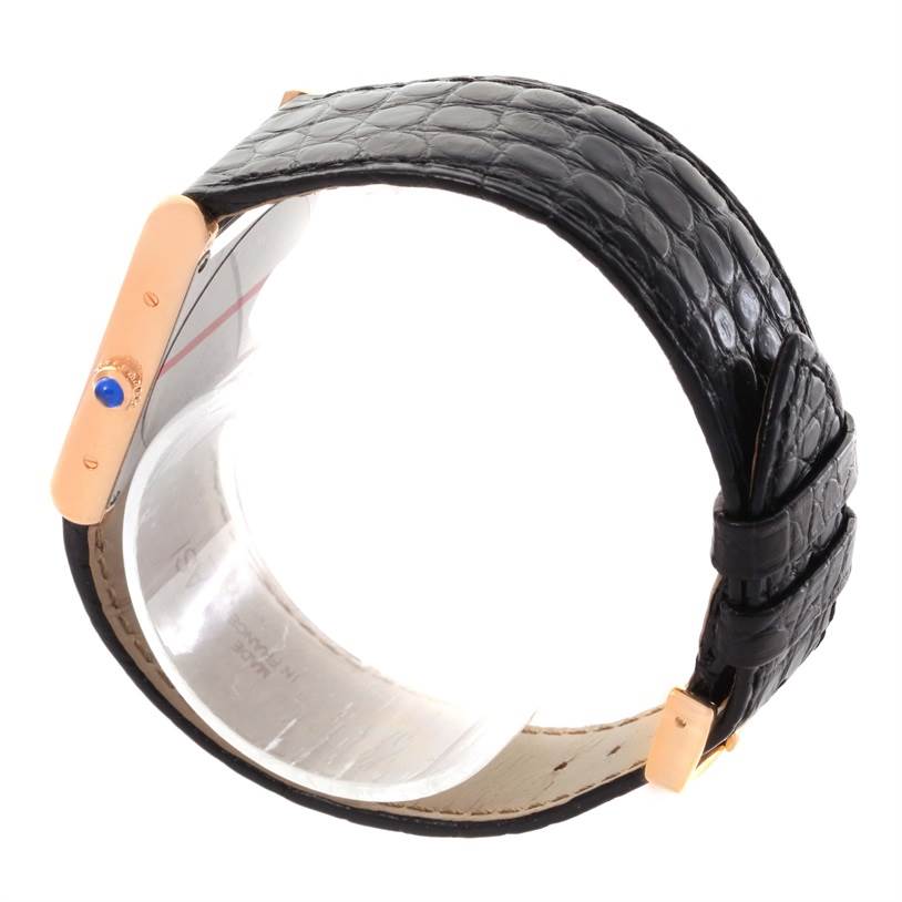 This image shows the side view of the Cartier Tank Solo W5200025 Steel and Gold (two tone) Silver Dial W5200025 Steel and Gold (two tone) Silver Dial watch with a black leather strap and gold casing.