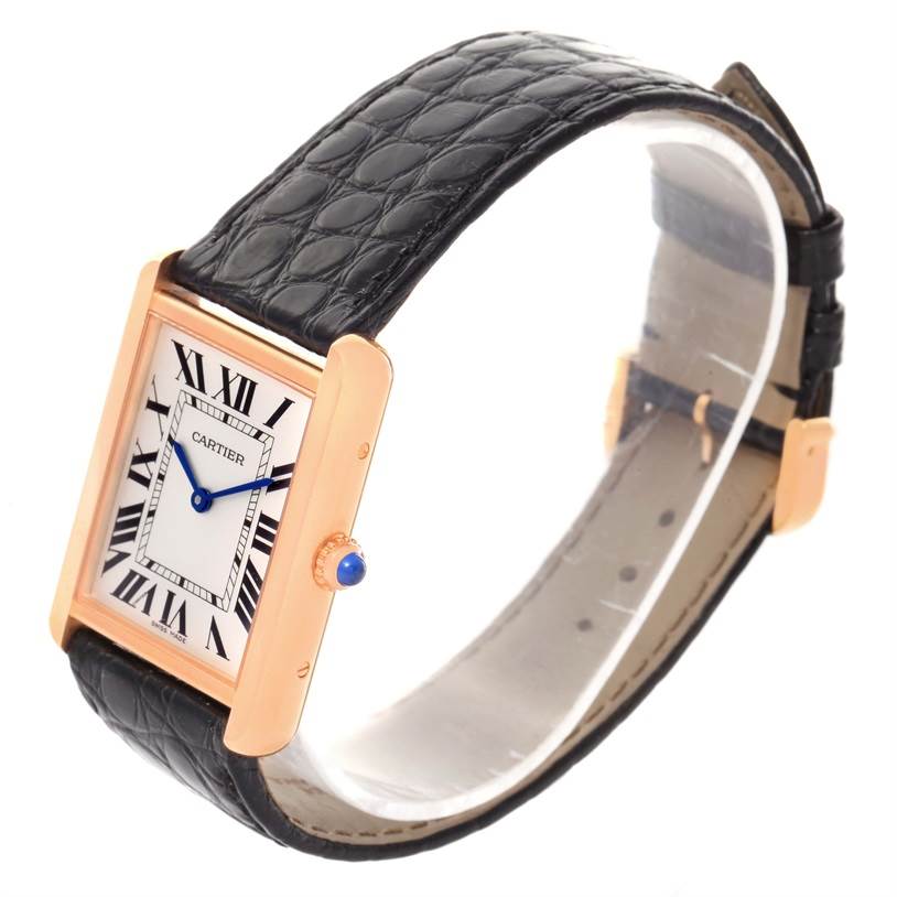 The Cartier Tank Solo W5200025 Steel and Gold (two tone) Silver Dial W5200025 Steel and Gold (two tone) Silver Dial watch is shown from an angled view displaying its rectangular face, black strap, and rose gold case.