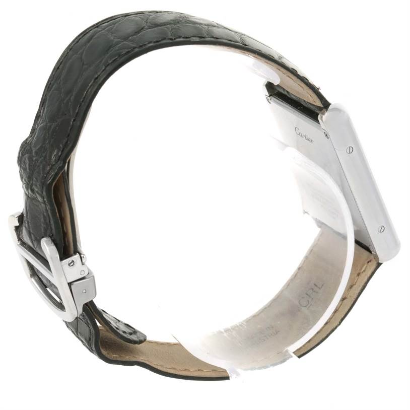 The image shows the side and back of the Cartier Tank Solo W1018355 Stainless Steel Silver Dial W1018355 Stainless Steel Silver Dial watch with its black leather strap.