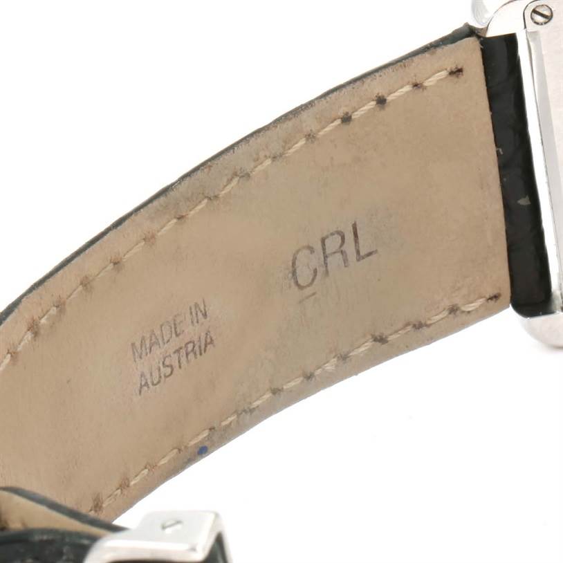 The image shows the underside of the leather strap with stitches of a Cartier Tank Solo W1018355 Stainless Steel Silver Dial W1018355 Stainless Steel Silver Dial watch.