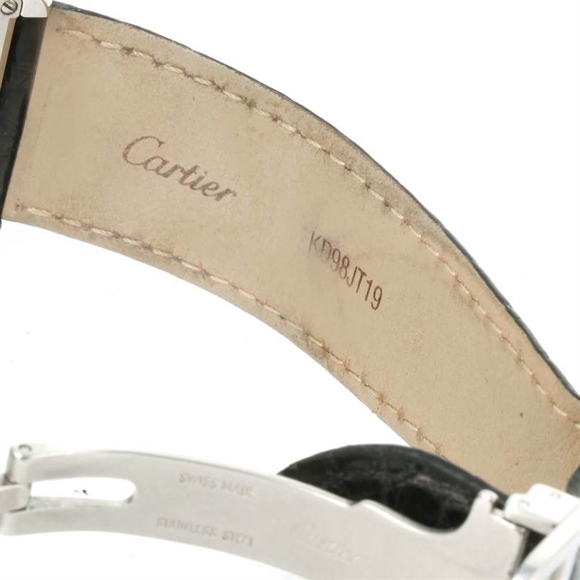 The image shows the inside of the leather strap and clasp of a Cartier Tank Solo W1018355 Stainless Steel Silver Dial W1018355 Stainless Steel Silver Dial watch.