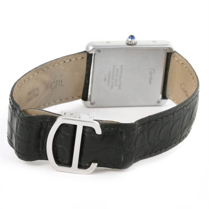 The image shows the back view of the Cartier Tank Solo W1018355 Stainless Steel Silver Dial W1018355 Stainless Steel Silver Dial watch, highlighting the case back, the leather strap, and the buckle.