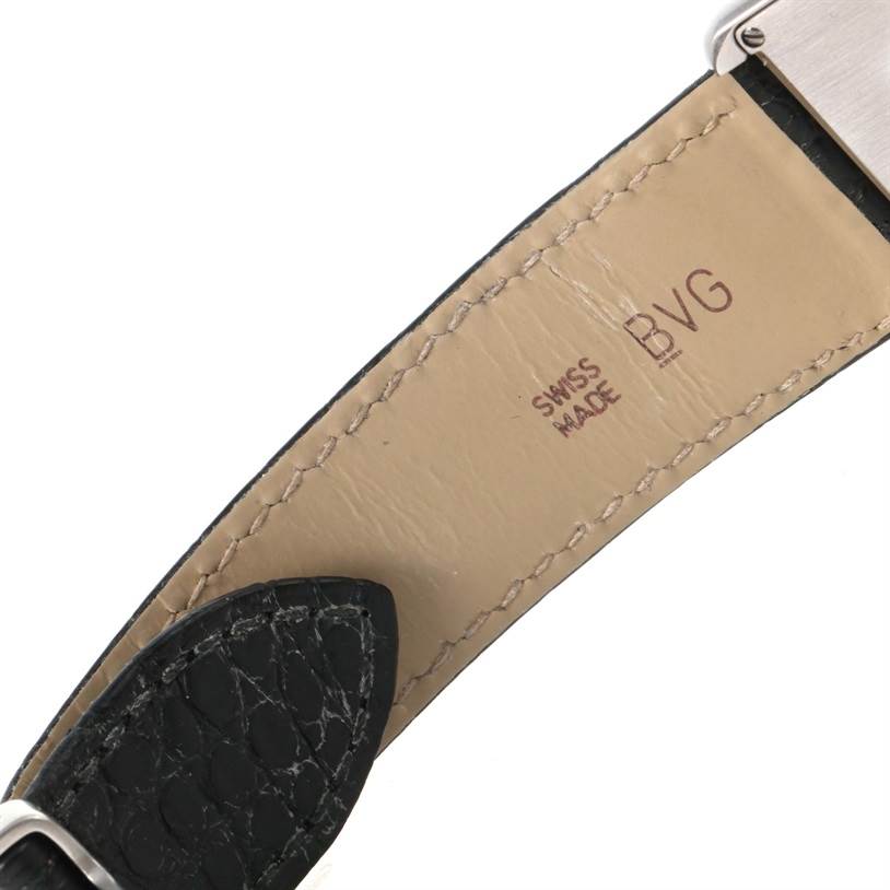 This image shows a close-up of the leather strap and part of the case back of a Cartier Tank Solo W1018355 Men
s Stainless Steel Silver Dial W1018355 Men
s Stainless Steel Silver Dial watch.