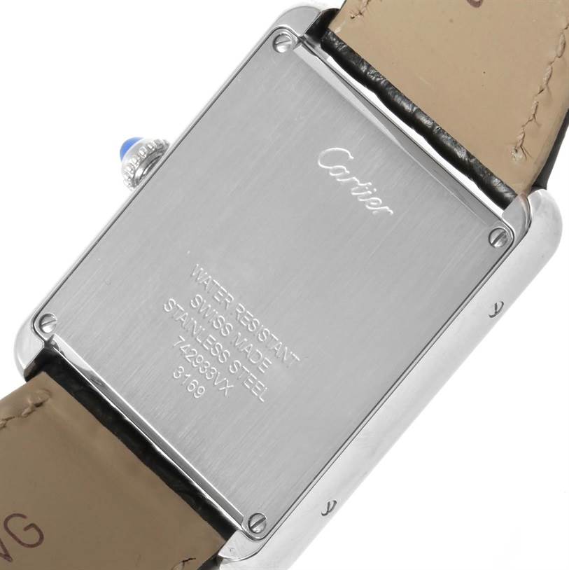 This image shows the back of the Cartier Tank Solo W1018355 Men
s Stainless Steel Silver Dial W1018355 Men
s Stainless Steel Silver Dial watch, highlighting its stainless steel case and leather strap.