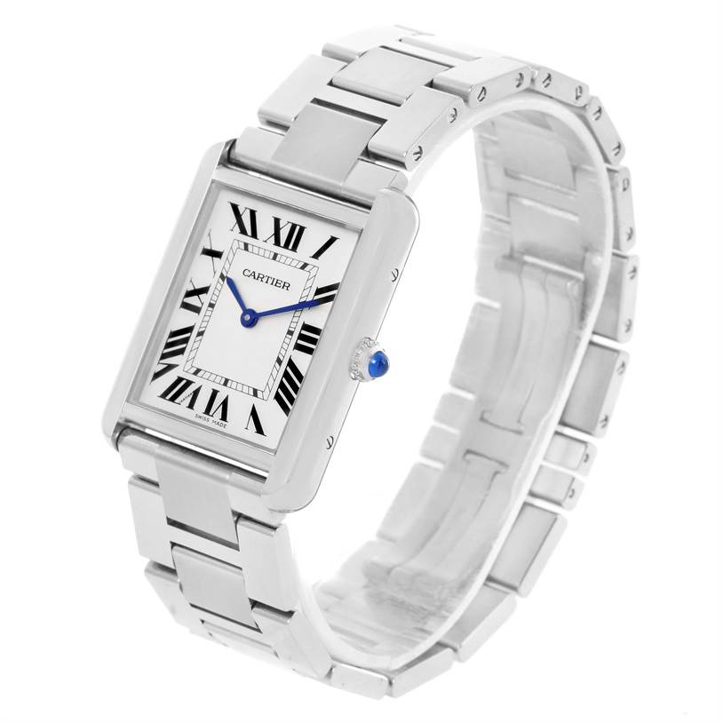 The Cartier Tank Solo W5200014 Men
s Stainless Steel Silver Dial W5200014 Men
s Stainless Steel Silver Dial watch is shown at a slight angle displaying the face, band, and crown with a blue cabochon.