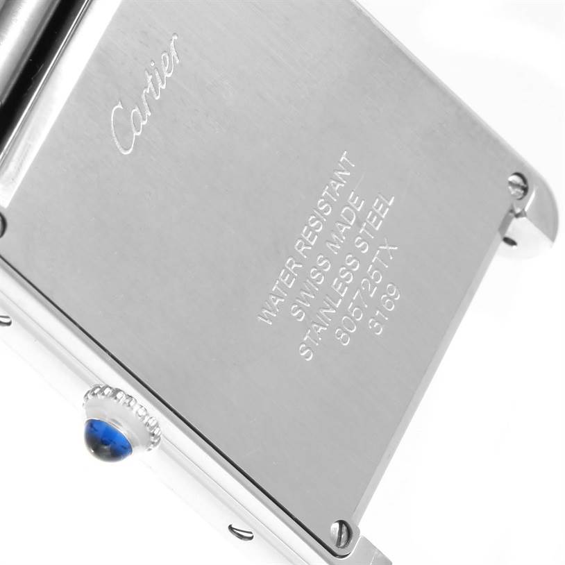 This image shows the back case of a Cartier Tank Solo W5200014 Men
s Stainless Steel Silver Dial W5200014 Men
s Stainless Steel Silver Dial watch, highlighting the brand engraving and water resistance information.