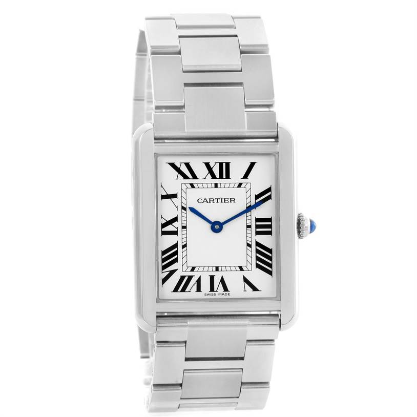 This Cartier Tank Solo W5200014 Men
s Stainless Steel Silver Dial W5200014 Men
s Stainless Steel Silver Dial watch is shown from a front angle, displaying the rectangular face, Roman numerals, and metal bracelet.