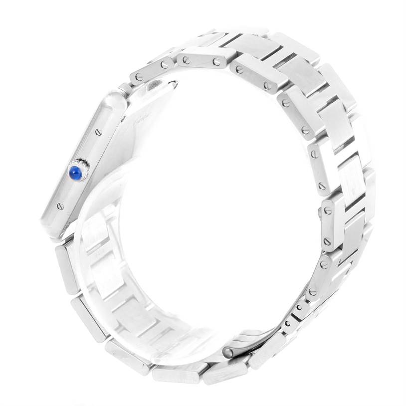 This image shows a side view of the Cartier Tank Solo W5200014 Men
s Stainless Steel Silver Dial W5200014 Men
s Stainless Steel Silver Dial watch, highlighting its metal bracelet and crown with a blue cabochon.