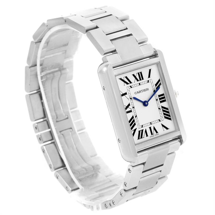 The image shows a Tank Solo by Cartier with a stainless steel bracelet and rectangular face, angled slightly from the front.