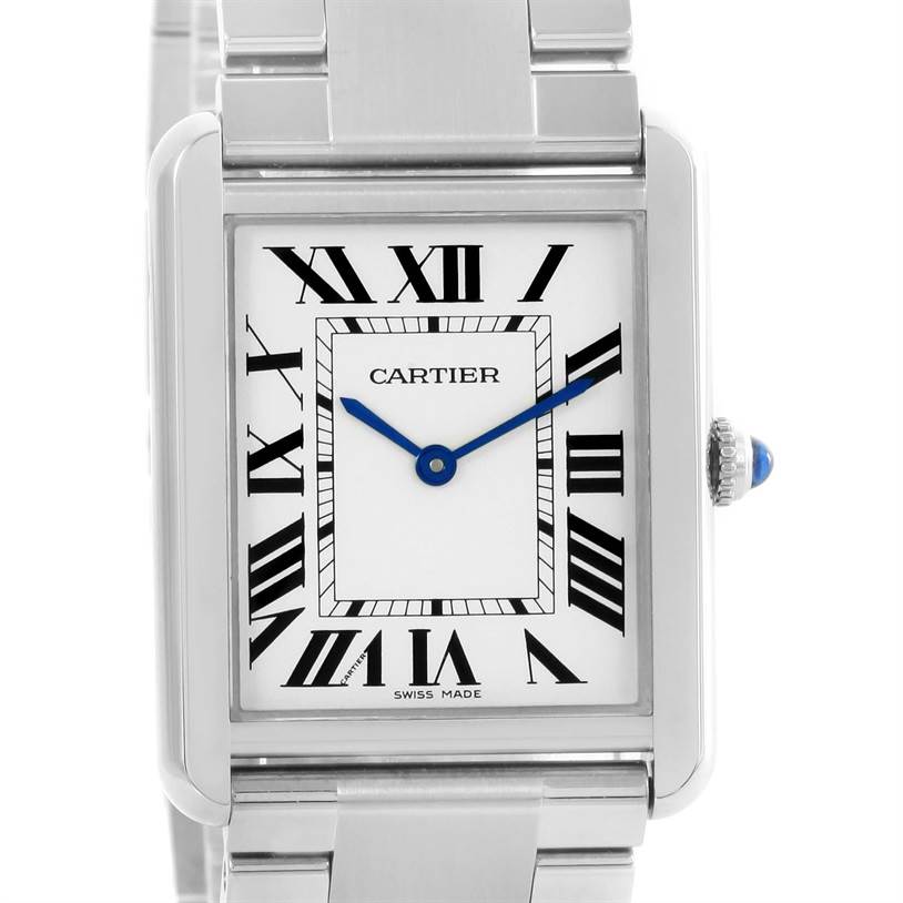 The Cartier Tank Solo W5200014 Men
s Stainless Steel Silver Dial W5200014 Men
s Stainless Steel Silver Dial watch is shown from a front angle, displaying its face, Roman numerals, blue hands, and part of the bracelet.