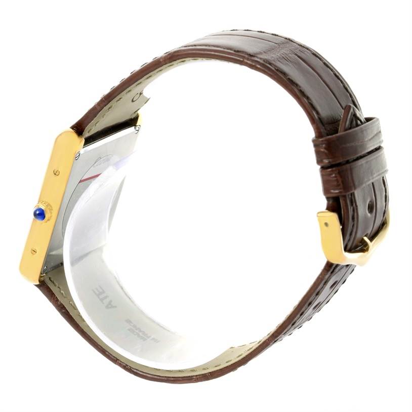 This image shows a Cartier Tank Solo W1018855 Men
s Steel and Gold (two tone) Silver Dial W1018855 Men
s Steel and Gold (two tone) Silver Dial watch from a side angle, highlighting its leather strap, buckle, and side profile with the crown and blue cabochon.