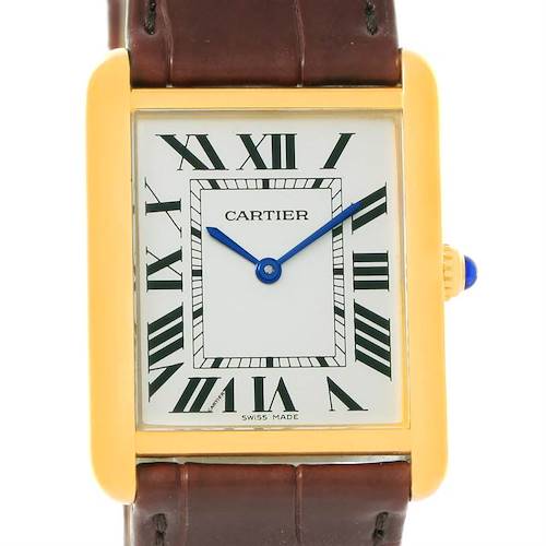 Photo of Cartier Tank Solo 18k Yellow Gold Brown Strap Watch W1018855 Box
