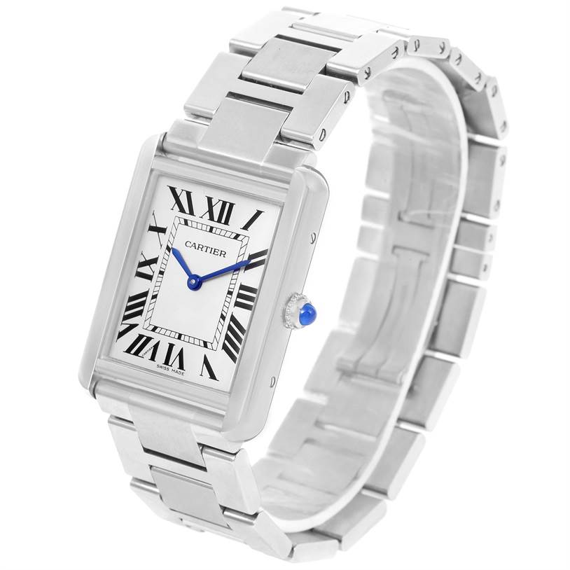 The Cartier Tank Solo W5200014 Men
s Stainless Steel Silver Dial W5200014 Men
s Stainless Steel Silver Dial watch is shown at a slight angle, displaying the face, bracelet, and crown.