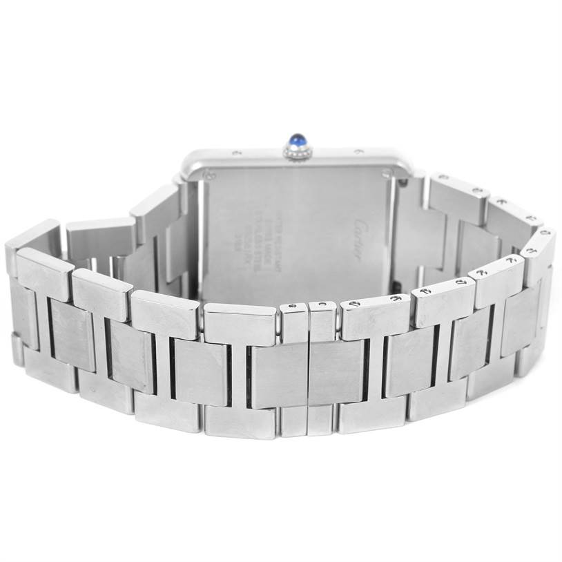 The image shows the back view of the Cartier Tank Solo W5200014 Men
s Stainless Steel Silver Dial W5200014 Men
s Stainless Steel Silver Dial watch, highlighting its stainless steel case and bracelet.