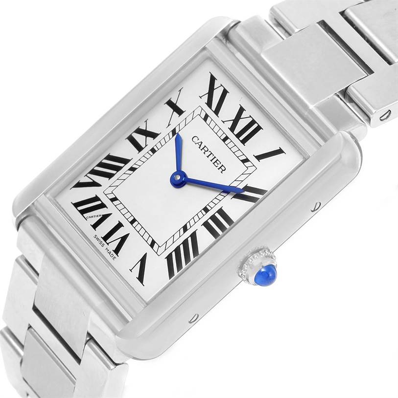 This image shows a close-up view of the dial, case, and part of the bracelet of a Cartier Tank Solo W5200014 Men
s Stainless Steel Silver Dial W5200014 Men
s Stainless Steel Silver Dial watch at a slight angle.