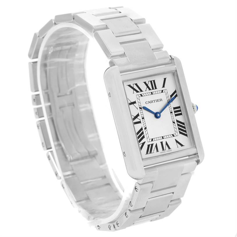 The image shows a Tank Solo model watch by Cartier from a side angle, highlighting its rectangular face and metal bracelet.