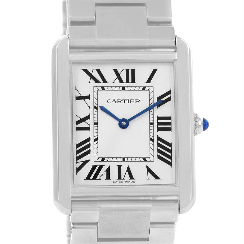 This image shows a front view of the Cartier Tank Solo W5200014 Men
s Stainless Steel Silver Dial W5200014 Men
s Stainless Steel Silver Dial watch, highlighting its face, metal bracelet, and crown with a blue cabochon.